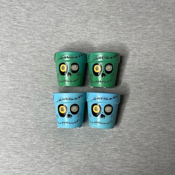Aldi Sneak Peak 💀 Looks what Target Blue & Green 3” Mini Round Halloween Skeleton Ceramic Pot 4 PCS. Set